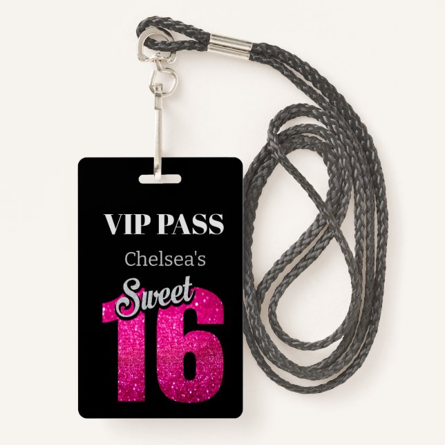 Badge Personnalisé élégant anniversaire Black Sweet 16 V (Devant avec lanière)