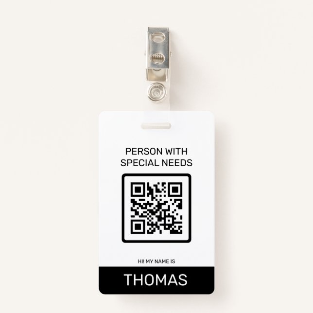 Badge Personne ayant des besoins spéciaux Code QR et aut (Devant avec clip)