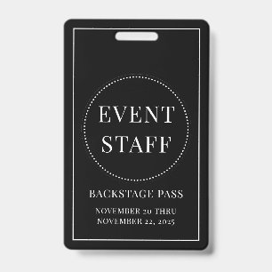 Badge Personnel d'événement Pass Backstage Noir Blanc ID