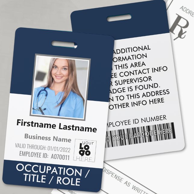 Badge Photo, code à barres, nom et logo Bleu de marine B (Créateur téléchargé)