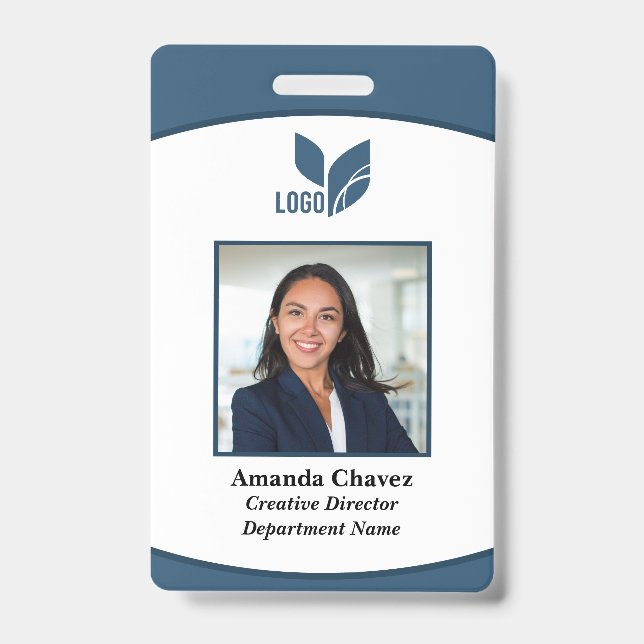 Badge Photo de l'employé avec code-barres et logo bleu (Avant)