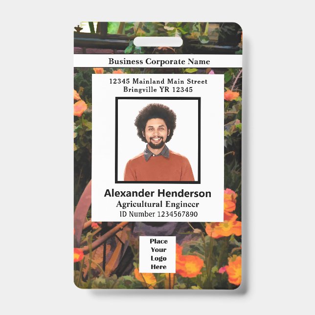 Badge Photo de l'employé Code à barres Logo Nom Fleurs (Avant)