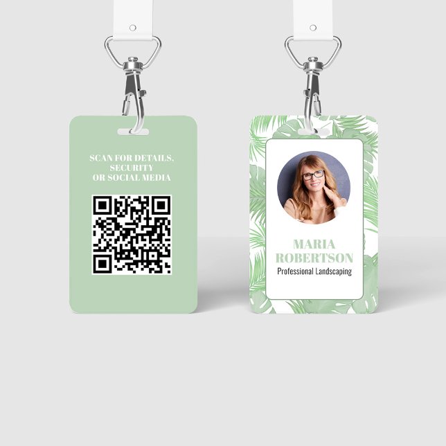 Badge Photo de l'employé Code QR Palm Feuilles (Employee photo business badge with botanical palm leaves. )