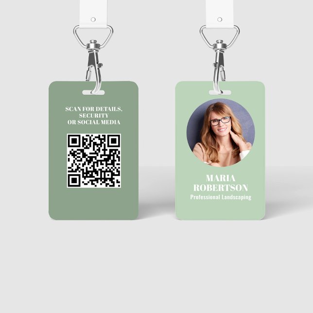 Badge Photo de l'employé Code QR Vert personnalisé (Employee photo business badge with solid green color. )