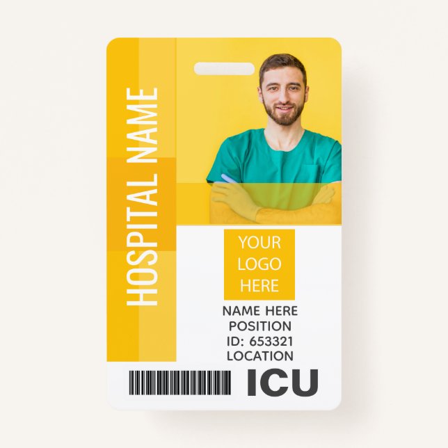 Badge Photo de l'employé jaune, Code barre, ID de l'ICU  (Devant)