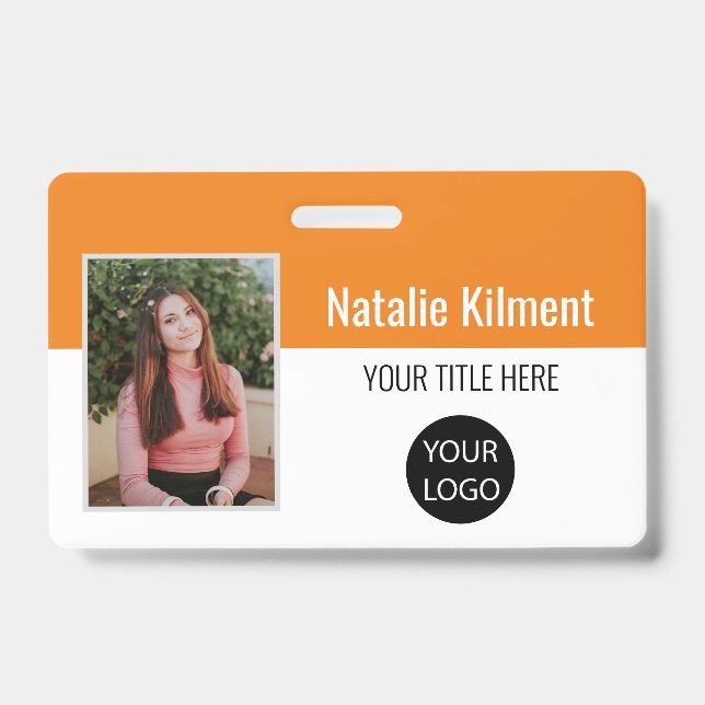 Badge Photo de l'employé Nom Logo Code-barres Orange et  (Avant)