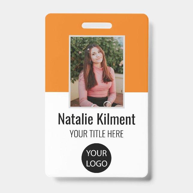 Badge Photo de l'employé Nom Logo Code-barres Orange et  (Avant)