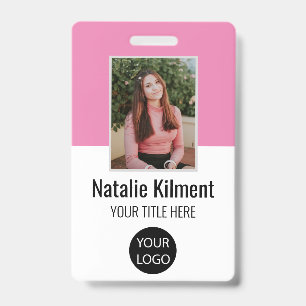 Badge Photo de l'employé Nom Logo Code-barres Rose et Bl
