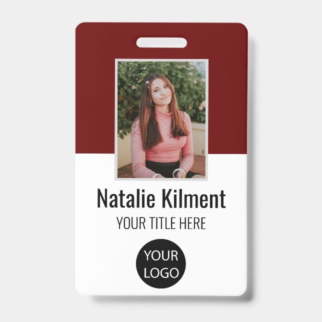 Badge Photo de l'employé Nom Logo Code-barres Rouge fonc (Avant)