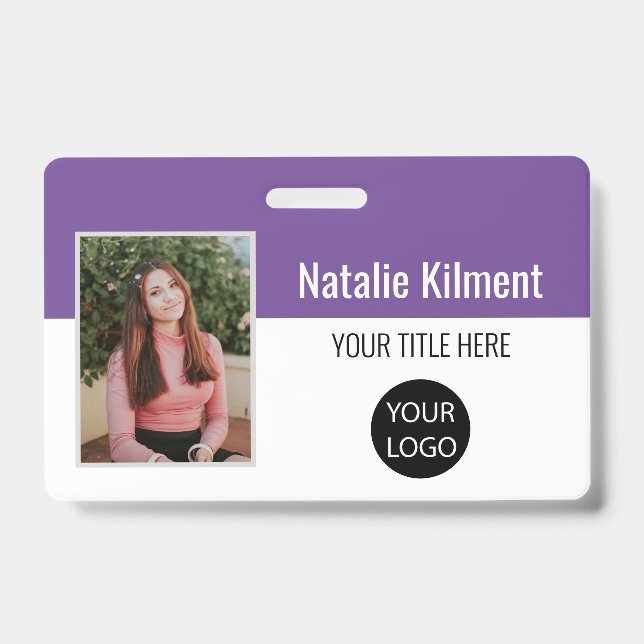 Badge Photo de l'employé Nom Logo Code-barres Violet et  (Avant)