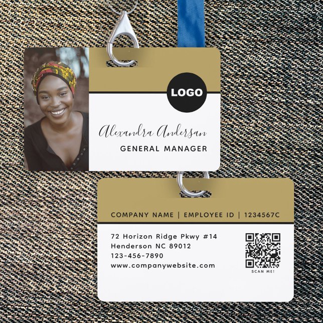 Badge Photo de logo de code QR d'ID d'entreprise d'emplo (Employee Company ID Photo Logo QR Code Black Gold Badge)