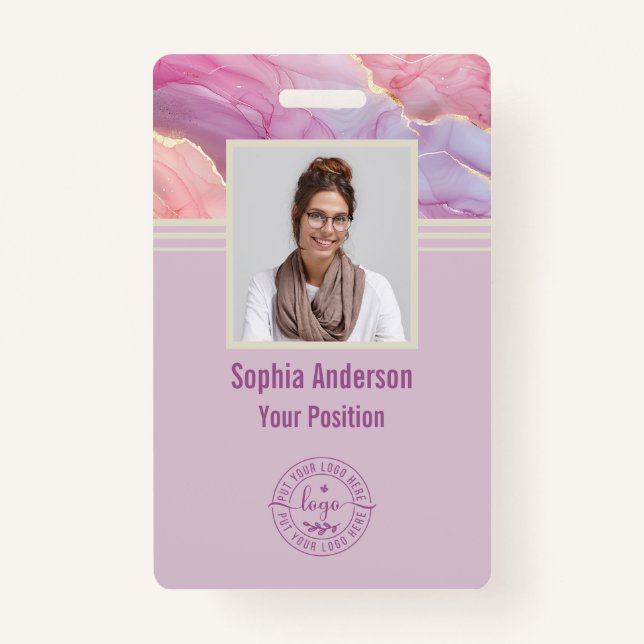 Badge Photo d'employé personnalisée Code QR Purple Marbr (Devant)
