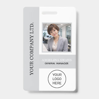 Badge Photo d'employé personnalisée, logo, nom, gris cla