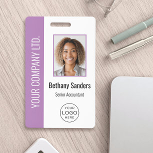 Badge Photo d'employé personnalisée, logo, nom violet
