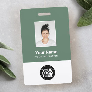 Badge Photo d'employé vert sauge, logo, nom