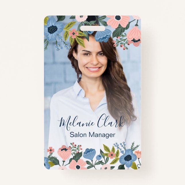 Badge Photo d'ID de cadre floral rose et bleu joliment f (Devant)