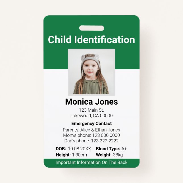 Badge Photo d'identification des enfants Vert (Devant)