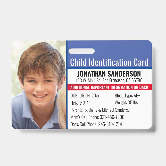 Badge Photo d'identification d'urgence pour enfant aller (Avant)