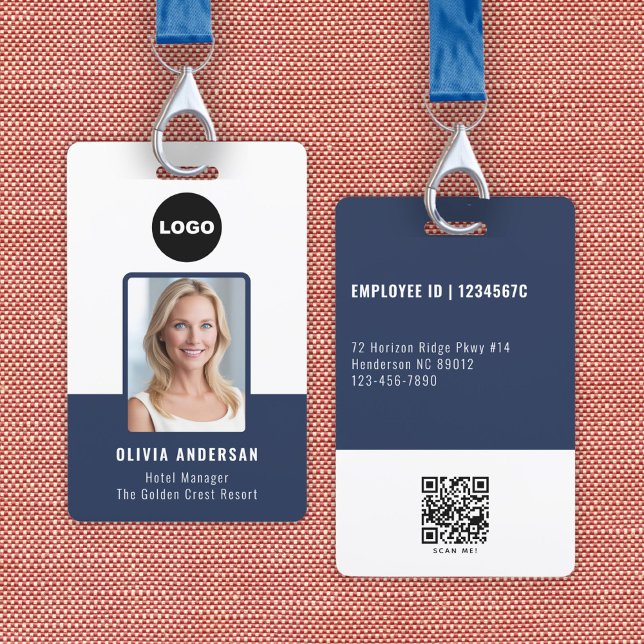 Badge Photo d'identité de l'employé bleu Code QR Logo de (Navy Employee Photo ID Qr Code Company Security Badge)