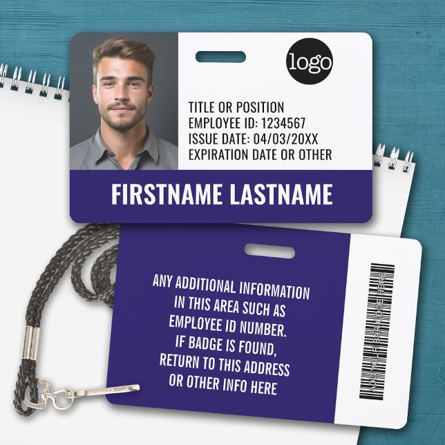 Badge Photo d'identité de l'employé essentiel, Code à ba (Personalized Name Badge with Photo and Company Logo)