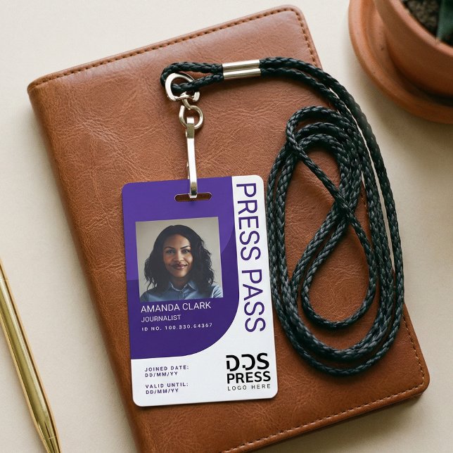 Badge Photo d'identité de passe de presse personnalisé M (Purple Modern & Minimal Press Pass Photo ID Badge)