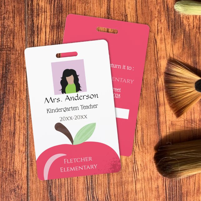 Badge photo d'identité enseignant Pomme Rouge (Red Apple Teacher Vertical White Photo ID Badge .)