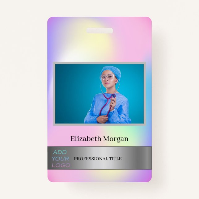Badge Photo Employé Silver Holographic Ajouter votre log (Devant)