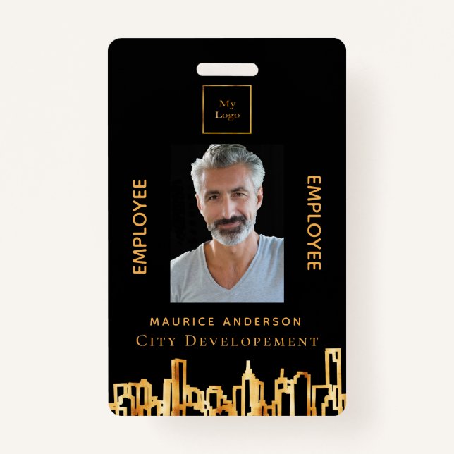 Badge Photo logo en or noir ville skyline employé (Devant)