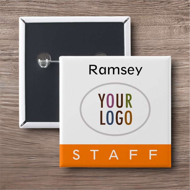 Badge Pinback du personnel orange avec bouton Carr (MISOOK Staff Square Name Button with Logo Orange)