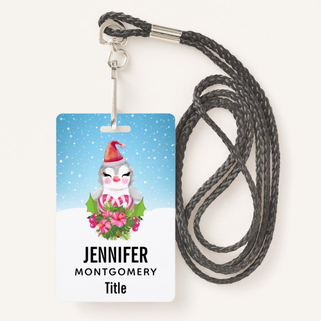 Badge Pingouin de Noël mignon à Santa Hat (Devant avec lanière)