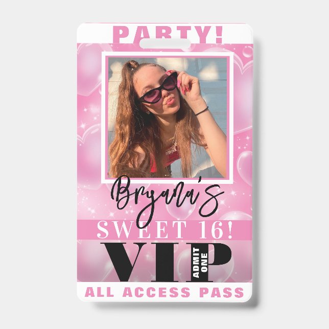 Badge Pink Bubble Hearts Anniversaire de fête VIP Pass B (Avant)