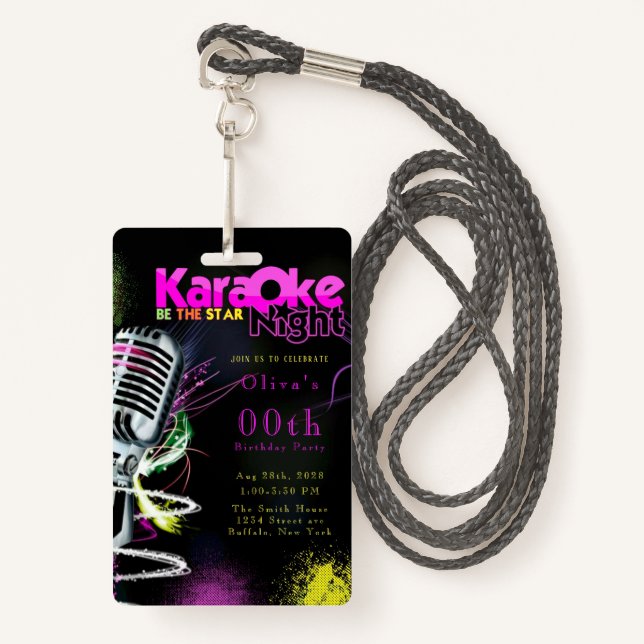 Badge Pink Neon Black Karaoke 00e anniversaire fête Invi (Devant avec lanière)