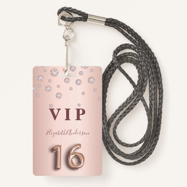 Badge police de ballons de diamants roses or rose 16e an (Devant avec lanière)