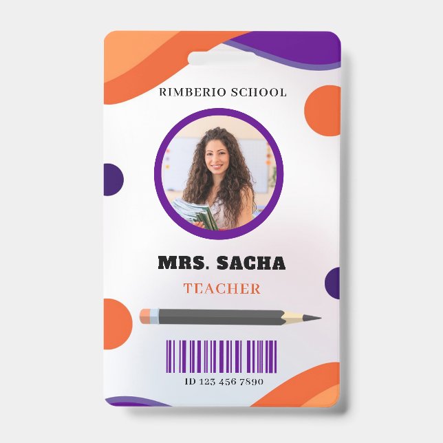 Badge Portrait d'enseignant moderne violet et orange (Front)