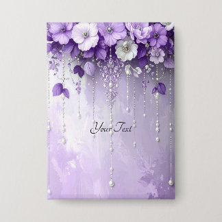 Badge Purple Flowers with Dangling Pearls Button
