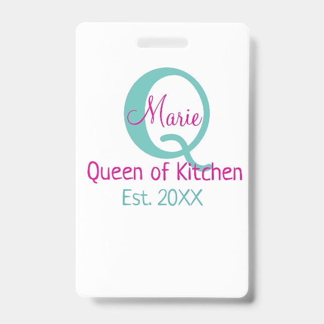 Badge Queen of cuisine monogramme vert rose simple minim (Avant)