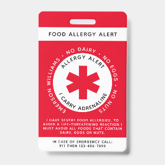 Badge Red Food Allergie Alerte ID enfant