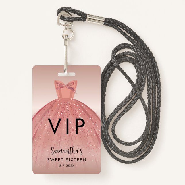 Badge Robe moderne Sweet 16 Script Anniversaire VIP (Devant avec lanière)