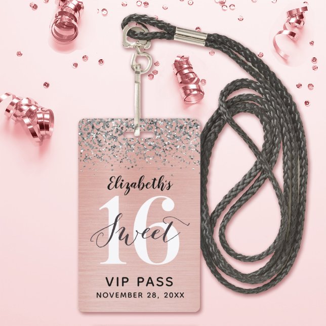 Badge Rose Gold Sweet 16 Anniversaire VIP (Elegant Rose Gold and silver glitter Sweet 16 Birthday Party Invitations. Other colors available)