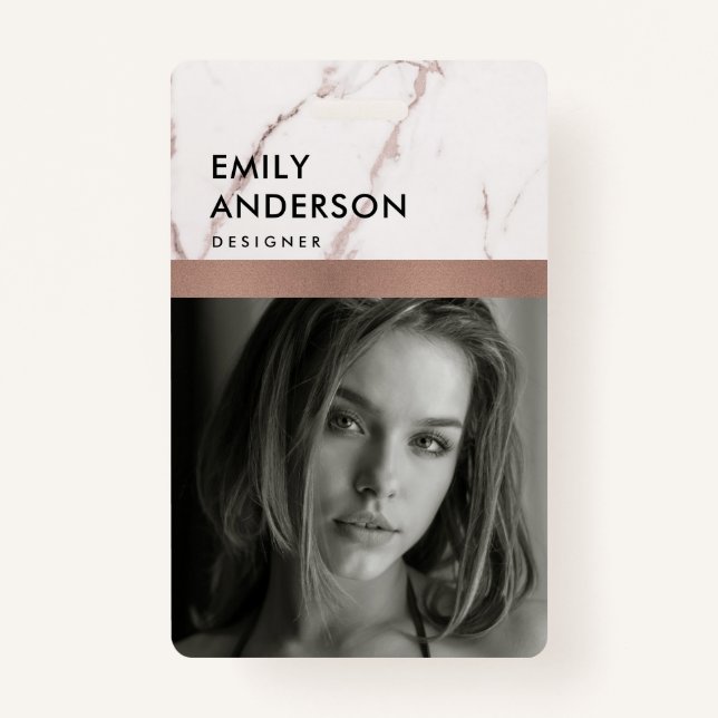 BADGE ROSE OR BLUSH MARBRE EMPLOYÉ PHOTO NOM DU CODE BAR (Devant)
