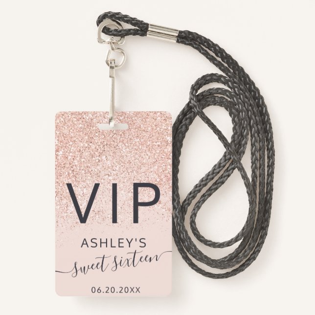 Badge Rose or parties scintillant typographie blush Swee (Devant avec lanière)