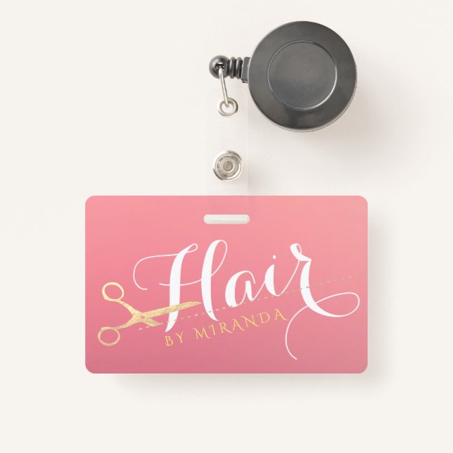 Badge Salon de maquillage moderne ciseaux d'or rose (Front with Retractable)