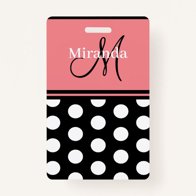 Badge Script de monogramme de Pois blancs roses noires (Devant)