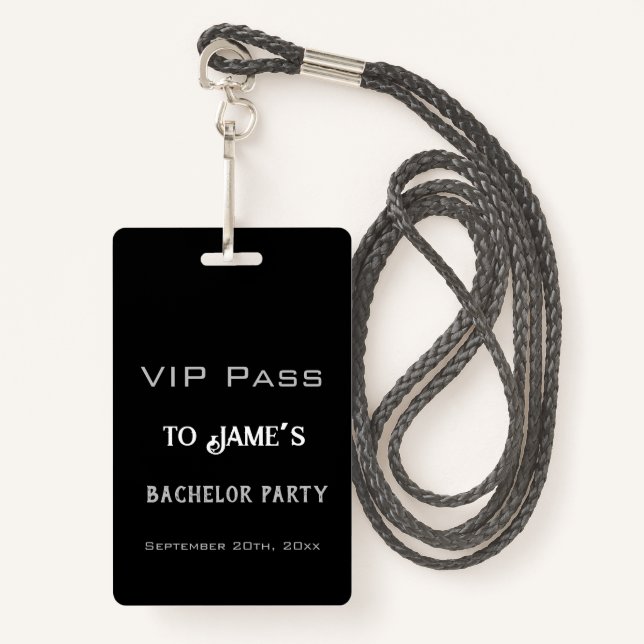 Badge Simple Black Bachelor Party VIP Pass Accès (Devant avec lanière)