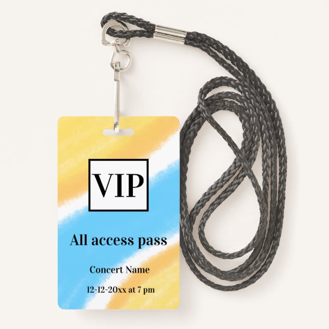 Badge simple vip all accès pass nom de concert occassion (Devant avec lanière)