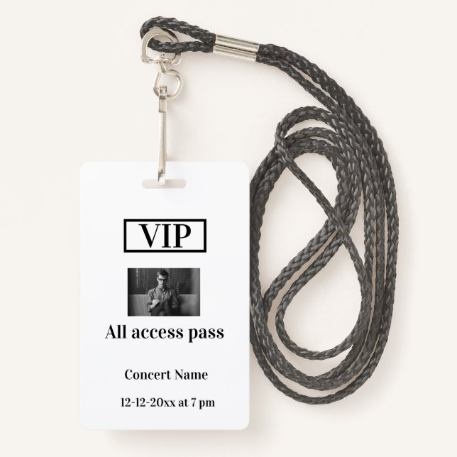 Badge simple vip all accès pass nom de concert occassion (Devant avec lanière)
