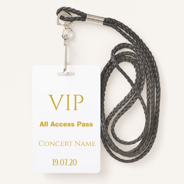 Badge Simple White Gold VIP All Access Pass Concert (Devant avec lanière)