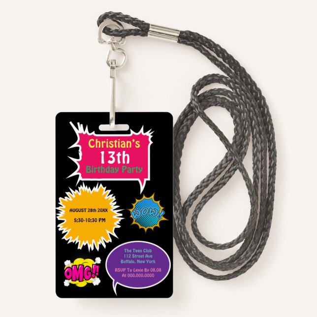 Badge Soirée d'Anniversaire à la mode Neon Comic (Devant avec lanière)