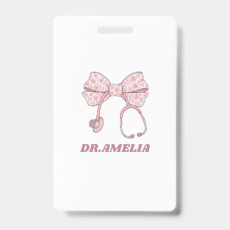 Badge Stéthoscope à nœud floral rose avec nom de médecin