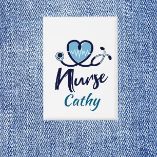 Badge Stéthoscope Infirmière Cœur Bleu Personnaliser